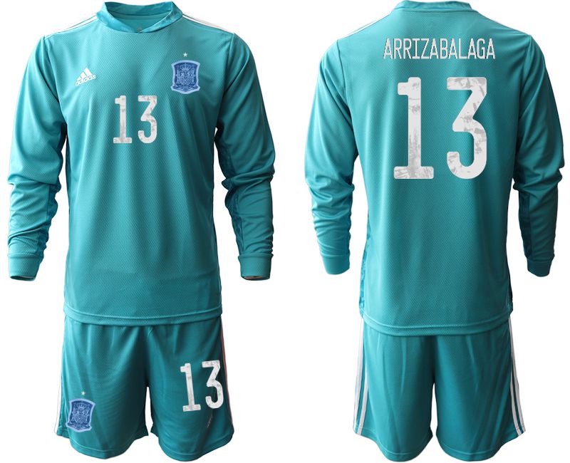 Men 2021 World Cup National Spain lake blue long sleeve goalkeeper #13 Soccer Jerseys->->Soccer Country Jersey